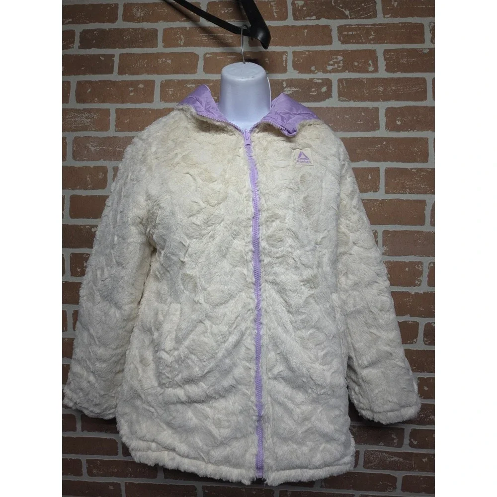 Reebok Reversible Puffer Jacket Girl's Lavender Faux Fur Winter Coat Sz‎ 14/16
